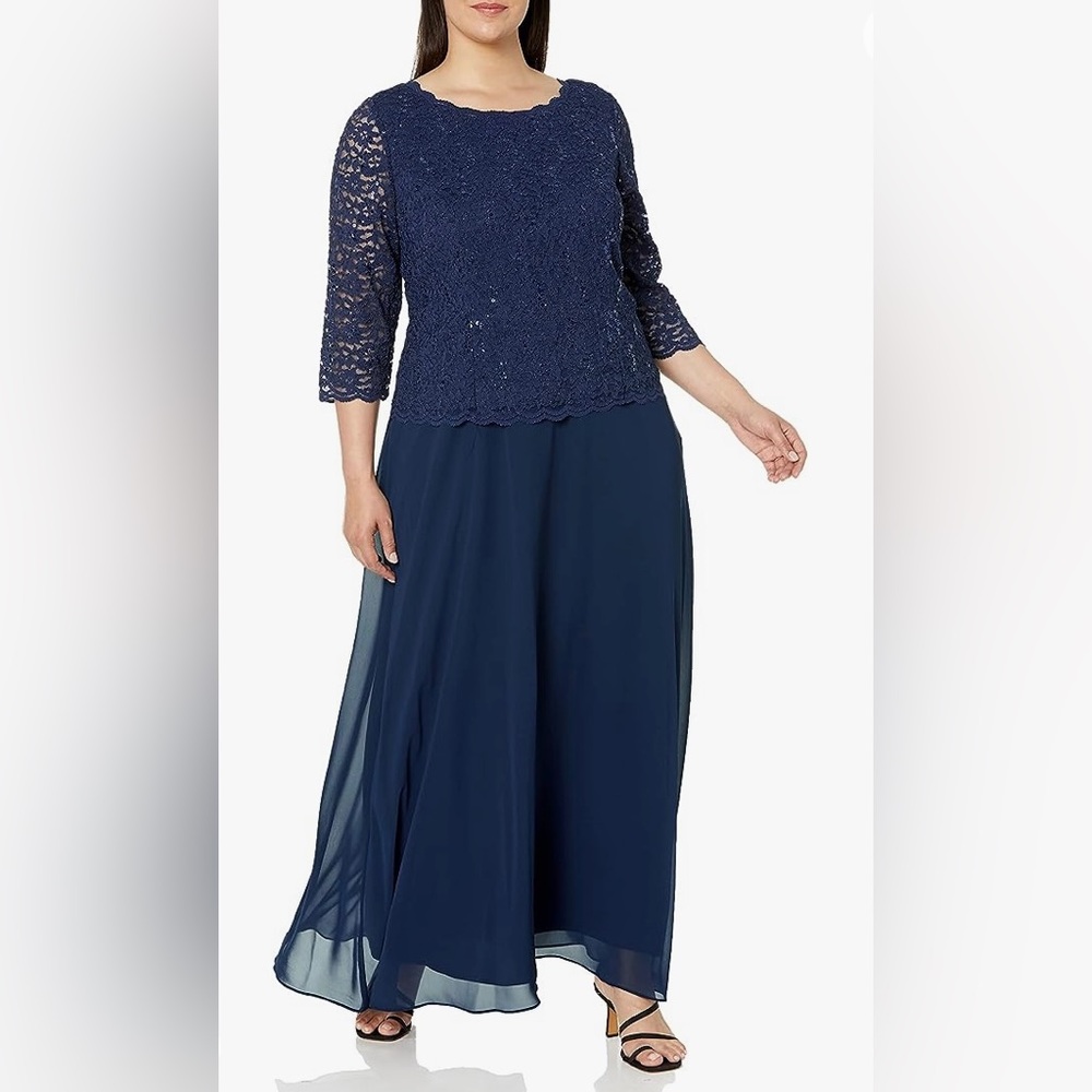 New Alex Evenings Long Lace Sequins Dress Chiffon Skirt Navy Blue Sz 16
